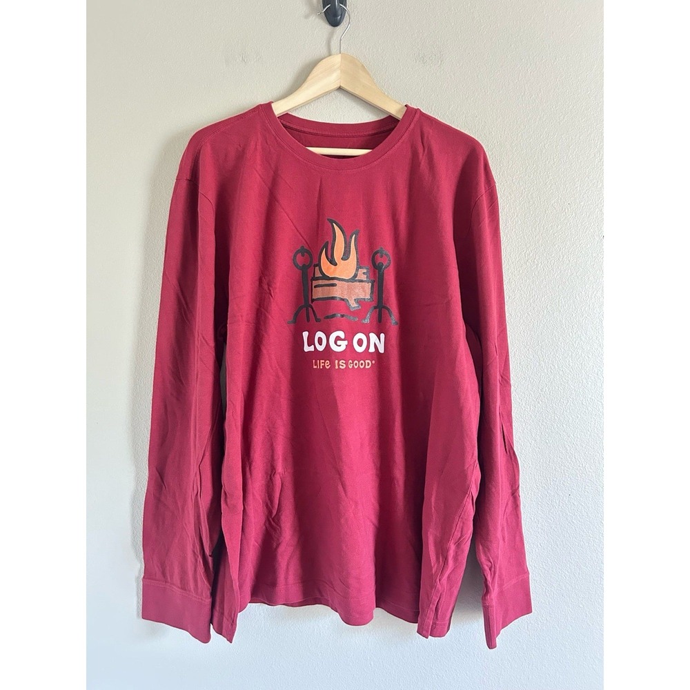 Life Is Good Log On Campfire Camping Long Sleeve Shirt Sz XL Mens Red Cotton